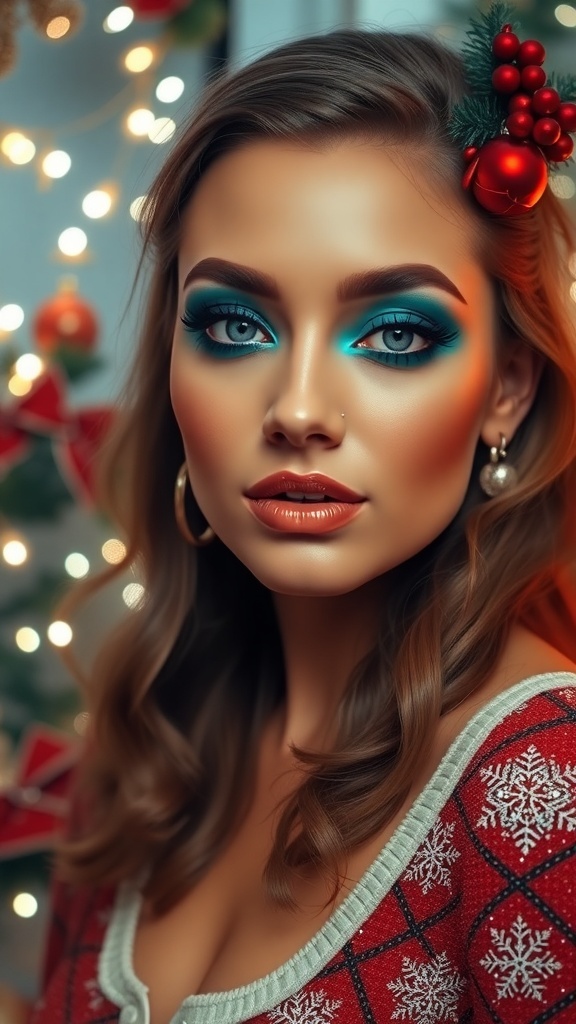 Retro 70s Christmas makeup with teal eyeshadow and glossy lips, set against a festive background.